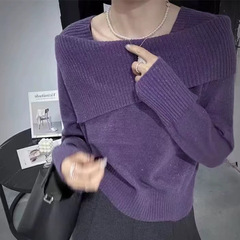 一字襟ファッション肩のデザイン感の純色のセーターのニットはやせている長袖のフランス式の新型の気質が快適です。