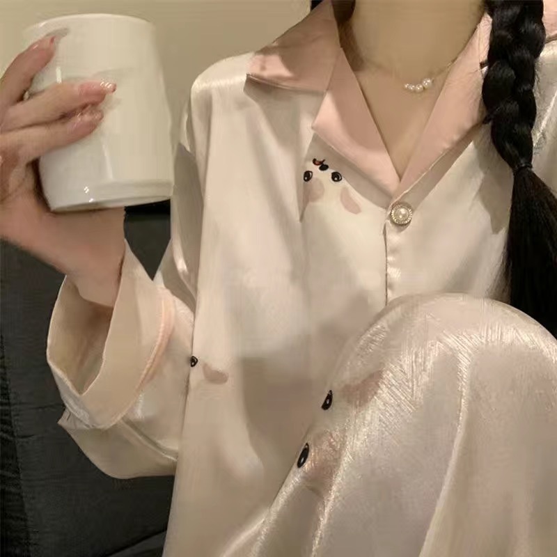 2023新型高級感春秋タイプのパジャマ女性秋の長袖の薄いタイプの女性のシルクの部屋の服の2つのセット|undefined