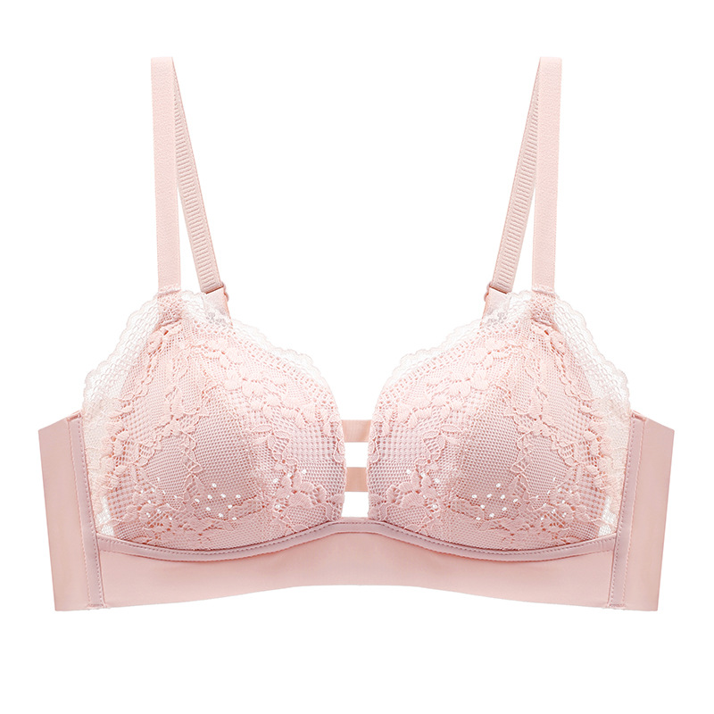 Encaje de las mujeres delgada transpirable agujero taza grande pecho y pequeño sujetador sin anillo de acero empuja hacia arriba la ropa interior del sujetador