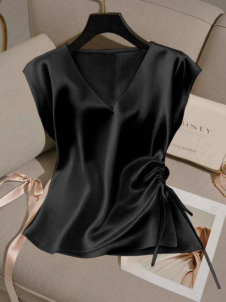 Damen Satin Bluse Mit V-ausschnitt Elegantes Sommer Oberteil_voghion.com