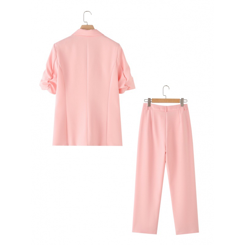 Women's Clothing solid color bow tie cuffs pleated suit jacket casual trousers suit _mkmklike.com