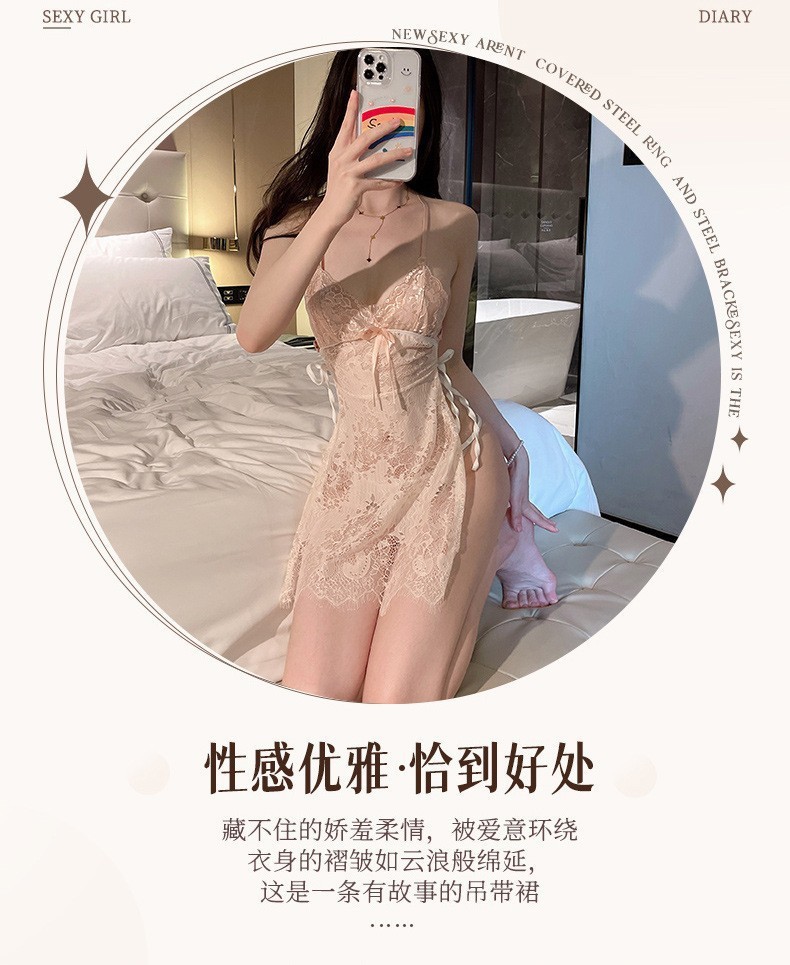 Women’s Sheer Lace Nightdress with Fishnet Stockings, Backless Babydoll in Wine Red, One Size — detail image 11