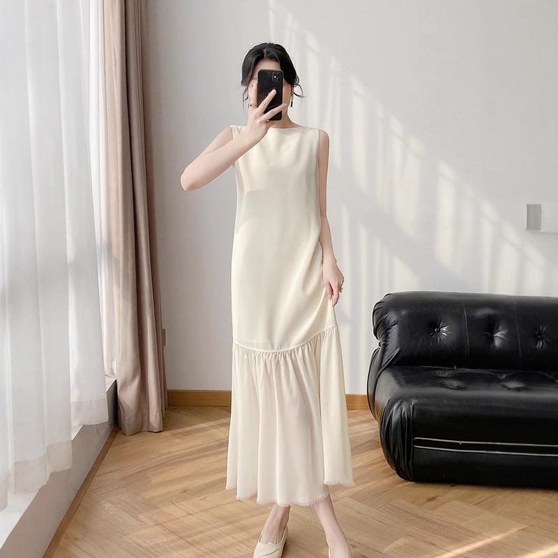 Nanyou wholesale 2025 summer new one-word collar extended mesh stitching acetate hemp sleeveless vest dress