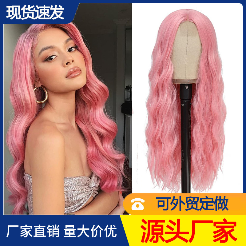 Mid Eight-character Bangs Headgear Pink Girl Series European and American Lace Hair Set Cross-border Big Wave Wigs Long Curly Hair Mid Eight-character Bangs Headgear Pink Girl Series European and American Lace Hair Set Cross-border Big Wave Wigs Long Curly Hair