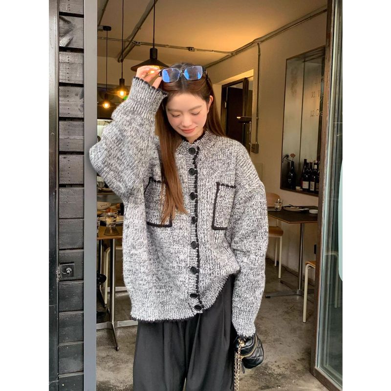537 #   LIL CHER グレーコントラストラウンドネック長袖セータージャケットレディースルーズカジュアルニットカーディガントップ|undefined