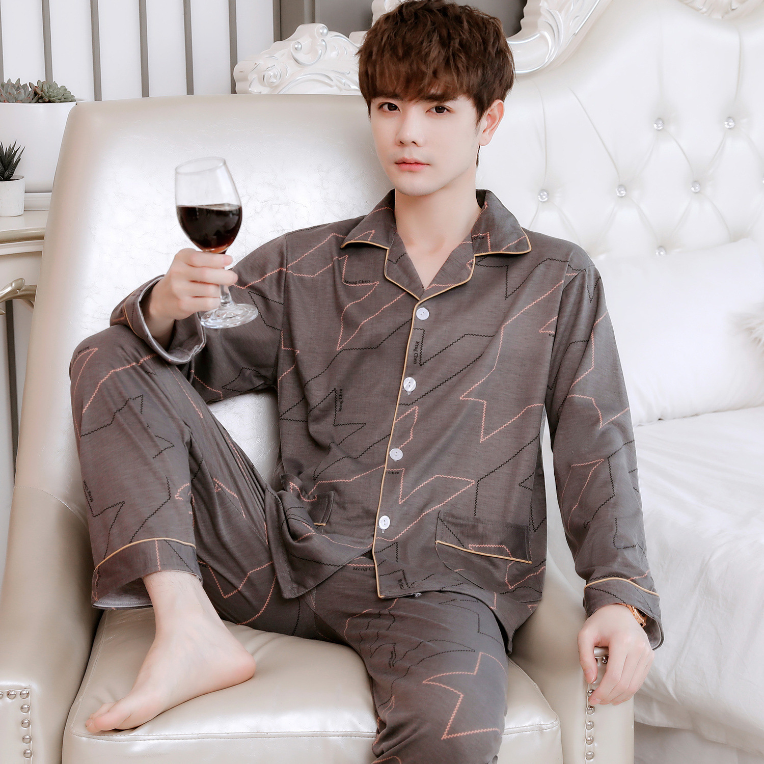 Pijamas de hombre primavera y otoño 100% algodón pantalones de manga larga cardigan verde de mediana edad ropa de hogar traje de invierno para los ancianos