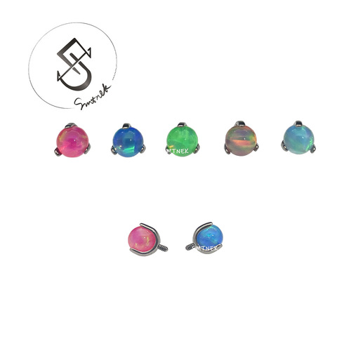 SMTNEK ASTM F-136 Titanium Alloy Three-Prong Aurora Gradient Color Opal Tongue Nail Lip Nail Head Accessories