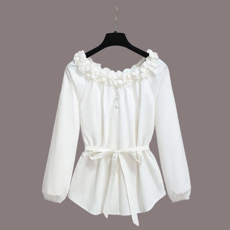 White Off-The-Shoulder Lace Long-Sleeve Blouse for Women, 2026 Spring New Style, Waist-Cinching Design, Unique Top White Off-The-Shoulder Lace Long-Sleeve Blouse for Women, 2026 Spring New Style, Waist-Cinching Design, Unique Top