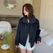 韩国东大门短款双面羊绒大衣女2025秋冬新款羽绒领拼接毛呢外套