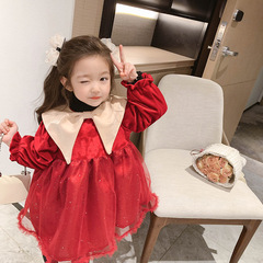 女童紅色大翻領蝴蝶結連衣裙2023秋冬新款聖誕簡約時尚加絨公主裙