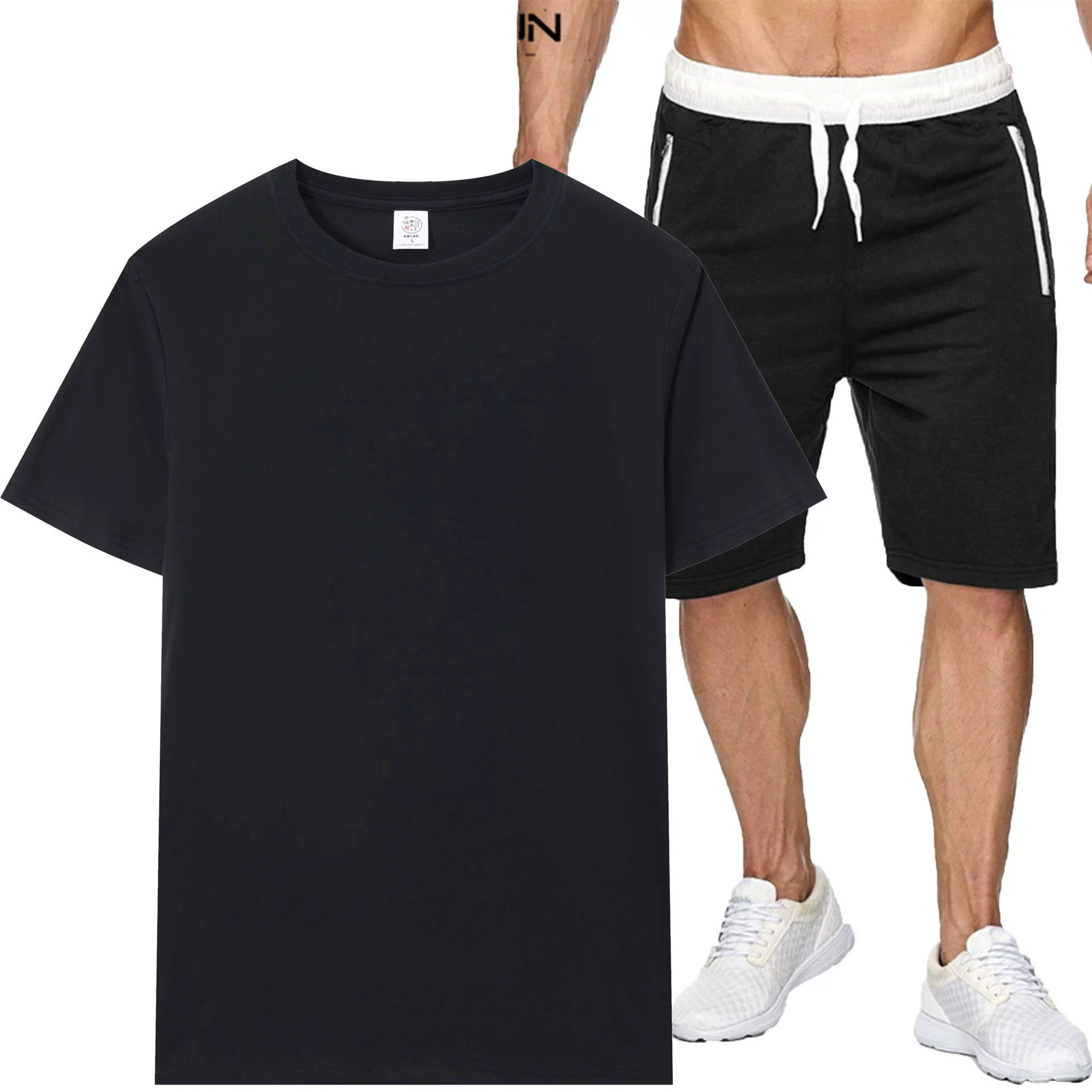 2025 новый летний спортивный беговой повседневный костюм с короткими рукавами, однотонная футболка с круглым вырезом + белая талия, черные брюки с пятью точками