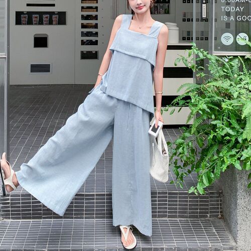 Blue Soft Tone Outfit Lightweight Top Set Women's Summer New Casual Wide Leg Pants Elegant and Graceful Two-Piece Set