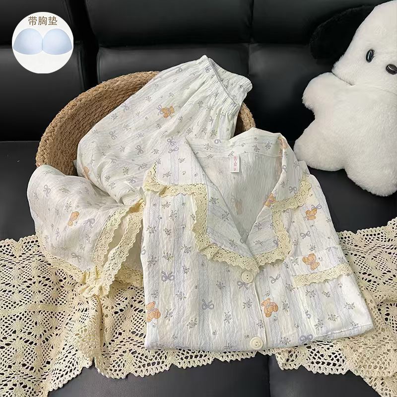 Pijamas de primavera y verano al por mayor transfronterizos mujeres nuevas nubes de algodón dibujos animados encaje pequeño solapa pantalones de mangas largas set de ropa para el hogar