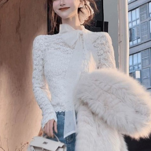 2024 Autumn and Winter New French Socialite Elegant Sweet Bow Lace-up Long Sleeve Lace Shirt Women's Gentle Style Top