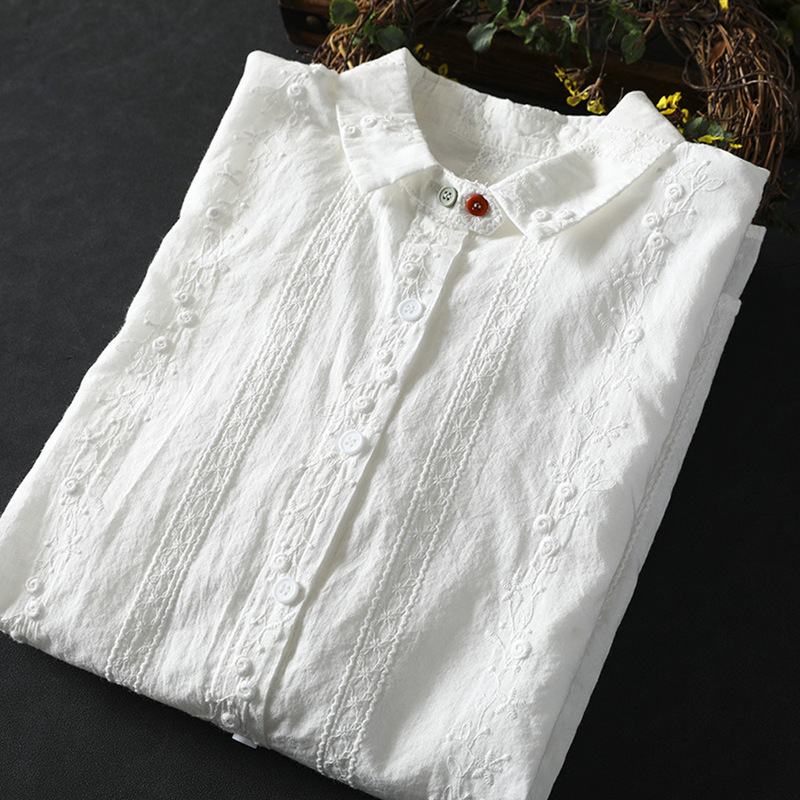 Colorful Button Embroidered Jacquard Cotton Long Sleeve Shirt Women's Top Lace Hollow Casual French Fold Top