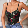 Flower Embroidered Steel Ring Fishbone Lace up Mesh Splice Versatile Strap Tank Top