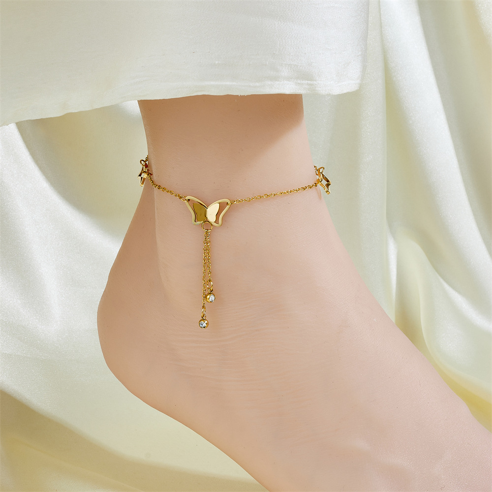 Cientos de tobilleras, tobilleras de lujo simples y ligeras, sentido femenino, accesorios de celebridades de Internet, temperamento de moda dorado de 18 quilates, cadena de pie de acero de titanio sexy