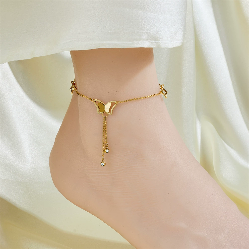 Ankle bracelet, chain, golden fashionable sexy accessory stainless steel, simple and elegant design, light luxury style, internet celebrity, 750 sample gold