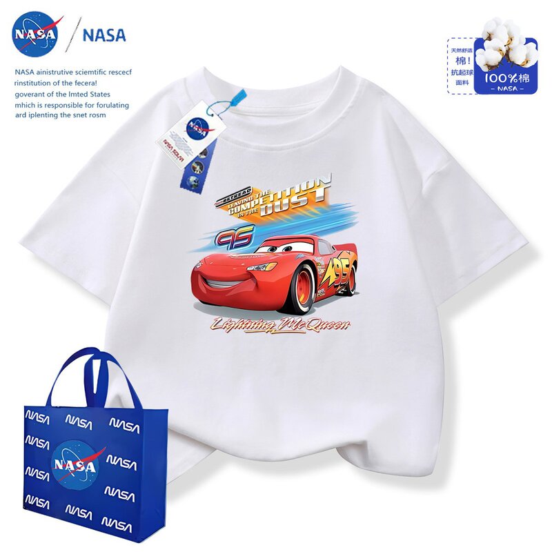 Nasa Co-Branded Lightning Mcqueen Short-Sleeved T-Shirt New Summer Clothing Boys Pure Cotton Fashion Summer Kidsren's Half-Sleeved Tops