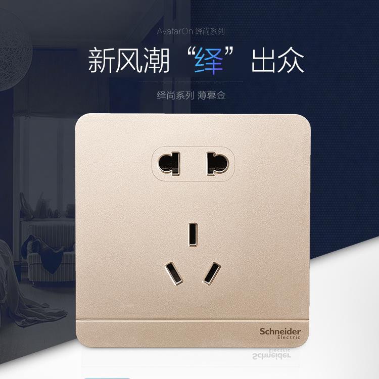 Schneider Switch and Socket Panel for Home Use 86 Type, Surface and Flush Mount, Single Pole with Five Holes and USB Wall Outlet, Elegant Gold