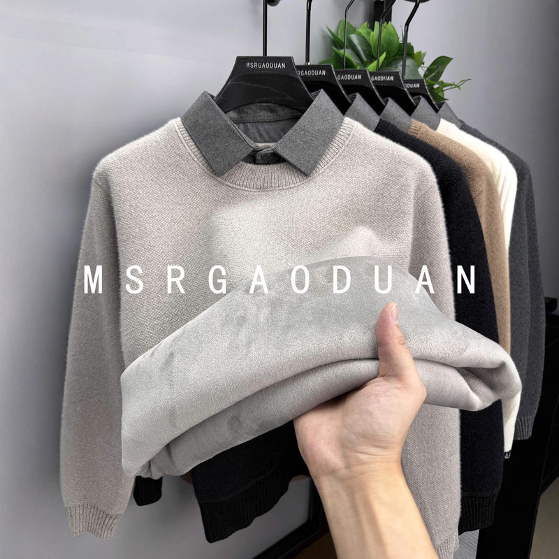 [One-Piece Velvet] Shirt Collar Fake Two-Piece Sweater Men's Thickeneded Velvet Warm Top Chenille Knitted Bottoming Shirt