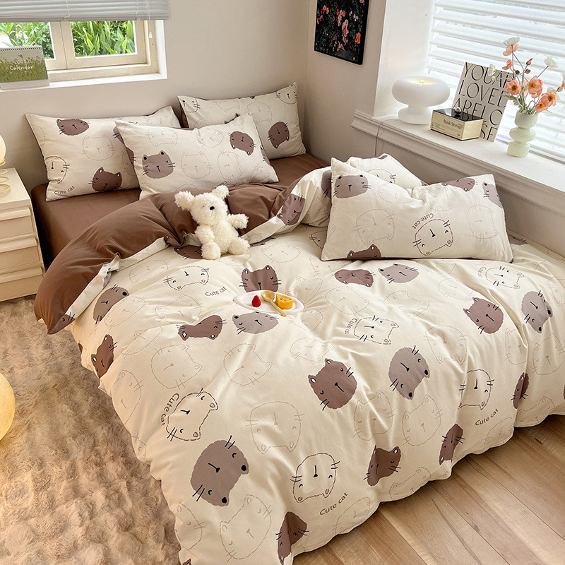 Juego de Ropa de Cama de Algodón Puro Cepillado 2024, Juego de Cuatro Piezas con Funda Nórdica, Sábana Bajera Ajustable, Juego de Tres Piezas para Dormitorio, Lujo Ligero de Invierno