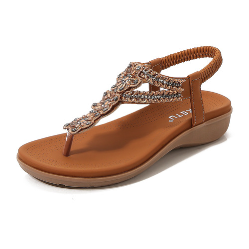 2024 Summer New Style European and American Retro Rhinestone Beads Soft and Comfortable Vacation Seaside Beach Wedge Sandals for Women