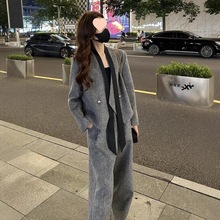 时尚设计飘带毛呢西装外套女秋休闲筒裤秋冬新款两件套套装韩版