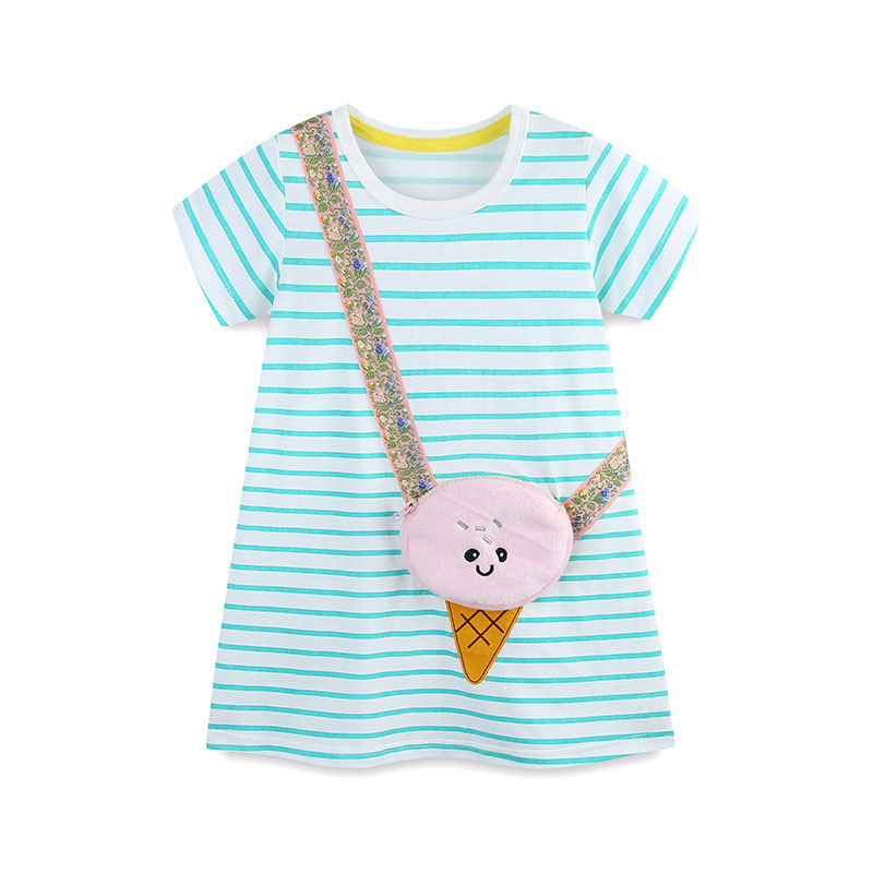 26 verano nuevo vestido infantil de estilo europeo y americano de dibujos animados bolsos gatos niñas vestido de princesa vestido a rayas de moda vestido infantil