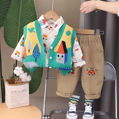 Knitted sweater vest for boys and girls, babies, 2024 new spring and autumn set, house cartoon three-piece set