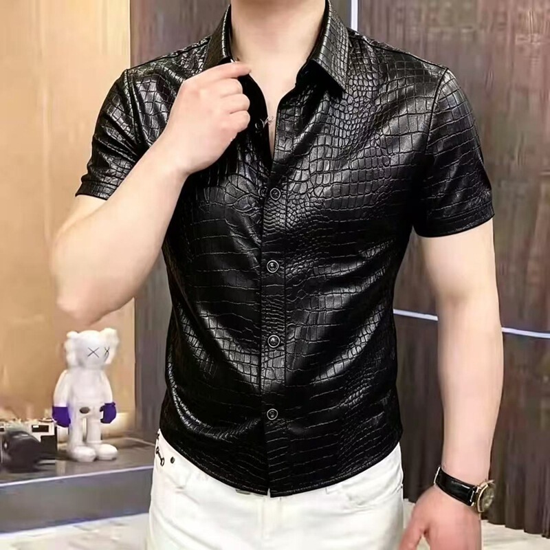 2026 Summer New Style Men's Light Luxury Crocodile Pattern Short-Sleeved Shirt Men's Lapel Fashion Business Casual Top
