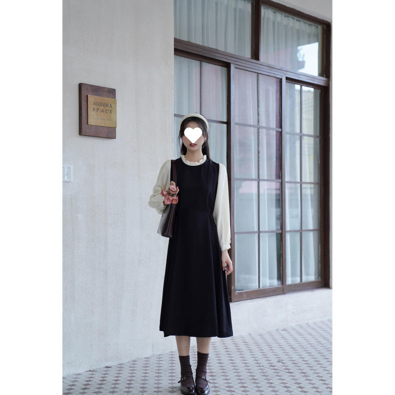 大码女装2025假两件早秋连衣裙女韩版简约赫本风收腰显瘦小黑裙潮|undefined