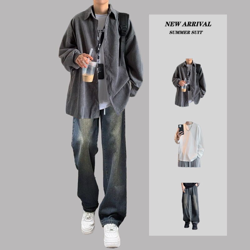 Autumn and Winter Casual Suits for Boys, Teenagers, Trendy and Handsome Students, a Set of Corduroy Shirts, Fashionable Men's Clothing Autumn and Winter Casual Suits for Boys, Teenagers, Trendy and Handsome Students, a Set of Corduroy Shirts, Fashionable Men's Clothing