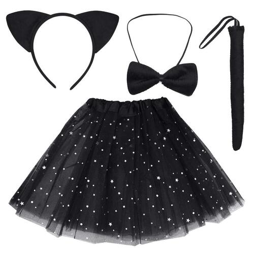 New Halloween Black Cat Children's Net Tutu Half Body Skirt Headband Tie Eyepatch Set Performance Ballet Skirt