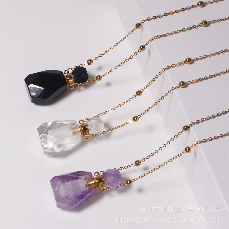 天然水晶香水瓶ネックレス香水精油瓶女性用ペンダント空瓶ギフト彼女用銀飾品招き猫チェーン