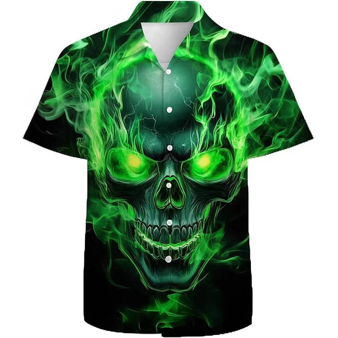 Cross-Border Hot-Selling 3D Green Flame Skull Print Men's Short-Sleeved Shirt European and American Style Hawaiian Beach Shirt