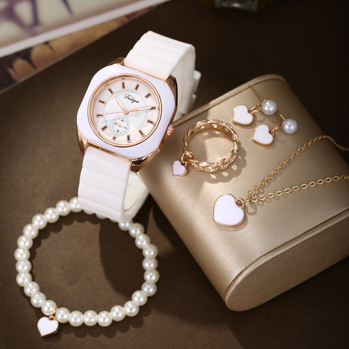 Cross-border New All-match Fashion Silicone Women's Watch Square Simple Watch Love Pearl Butterfly Jewelry suit