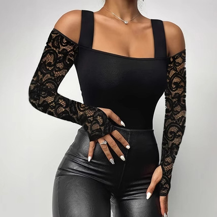 Amazon 2026 Spring New European and American Cross-Border New Solid Color Lace Patchwork Off-Shoulder Slim Fit Top