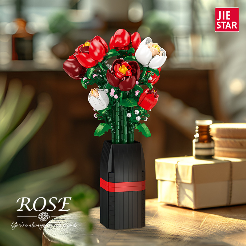 Jie Xing JJ9212 Regalo de San Valentín Ramo de rosas Flor eterna con jarrón Decoración del hogar Bloques de ensamblaje de bricolaje