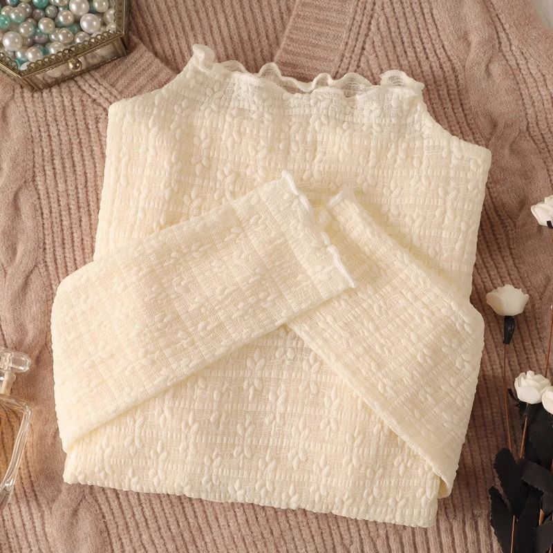 High-grade White Lace Base Shirt Women's Sweater Inner Gauze Clothes Autumn and Winter New Perspective Half-high Collar Mesh Top High-grade White Lace Base Shirt Women's Sweater Inner Gauze Clothes Autumn and Winter New Perspective Half-high Collar Mesh Top