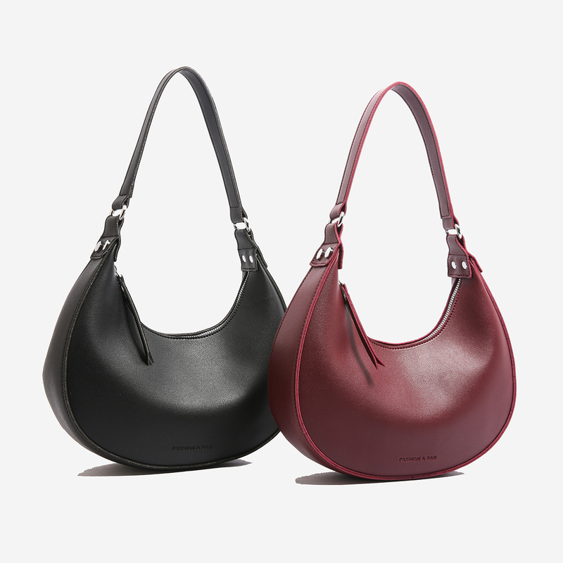 Foreign Trade Cross-border 2025 New European and American Simple Style Solid Color Crescent Bag Underarm Bag Letter Trendy Bag Shoulder Bag Women's Bag