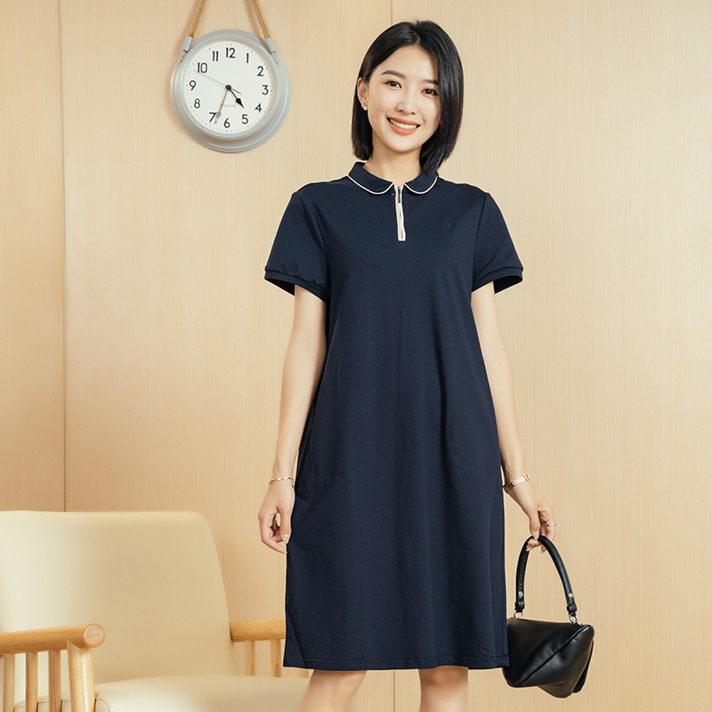 엄선된 YUN윤 여름 여성 원피스, 롱 스타일, 솔리드 컬러, 캐주얼하고 고급스러운 느낌의 스커트, 하프 지퍼, 반팔