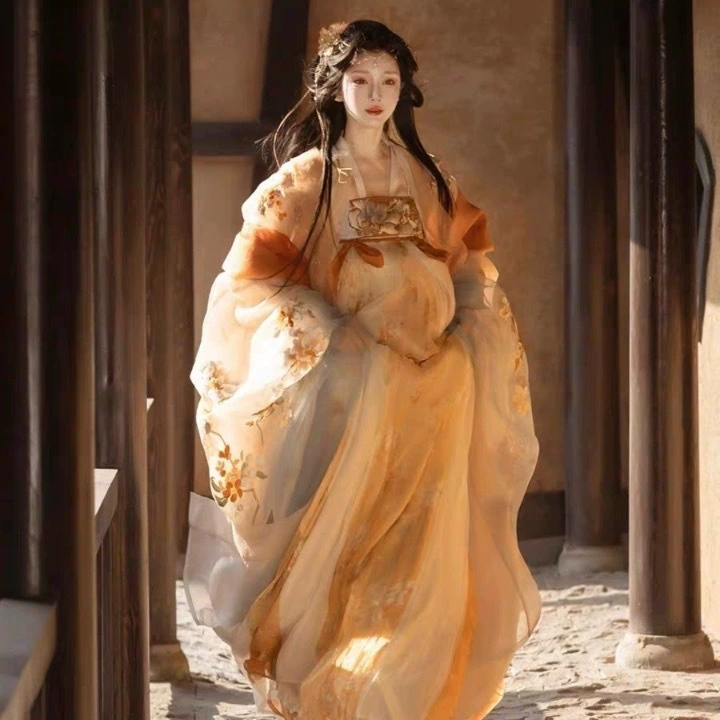 Оригинальное цельное платье длиной до груди в стиле Тан с изысканной вышивкой и большими рукавами для женщин в стиле ханьфу, подходящее для весны и лета.