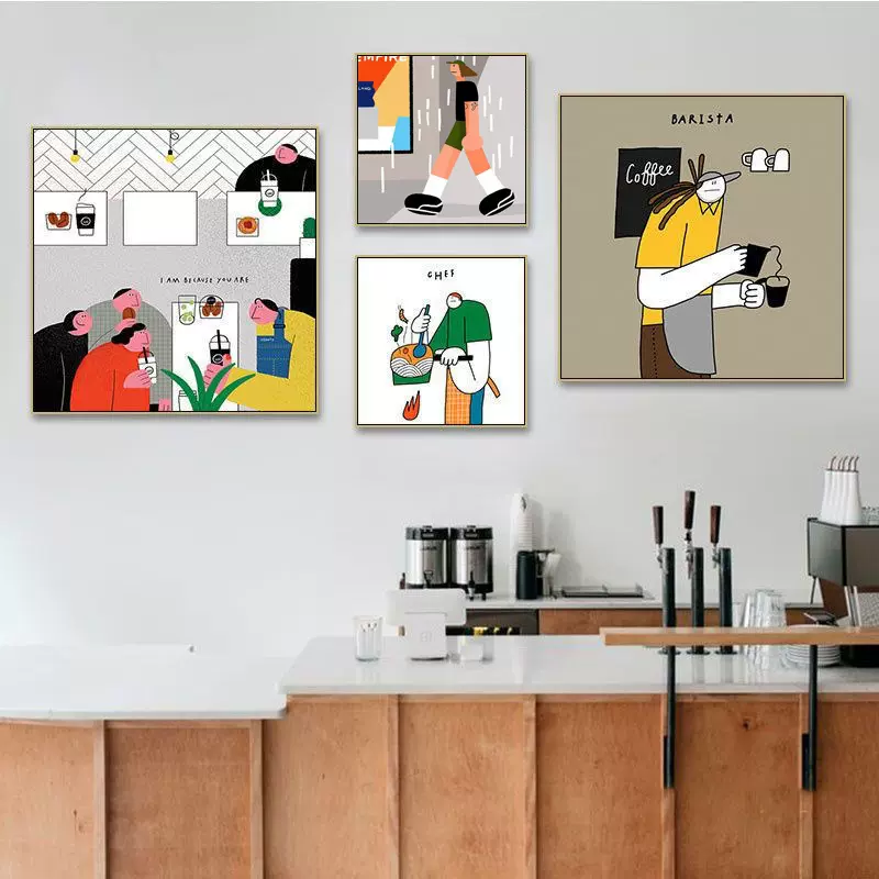 韩国ins风插画装饰画小众人物挂画咖啡厅奶茶店甜品店蛋糕店壁画