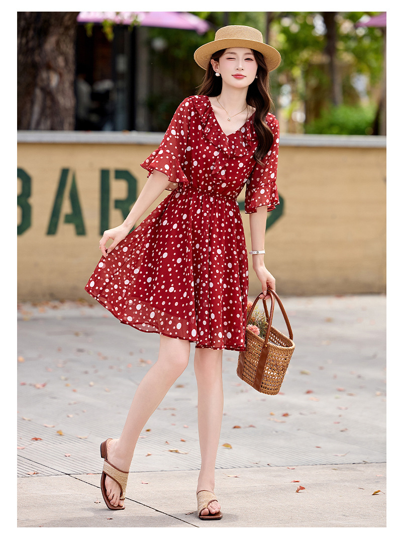 Đầm maxi nữ thắt eo cổ V in chấm bi đỏ — màu đen, màu đỏ chi tiết 19