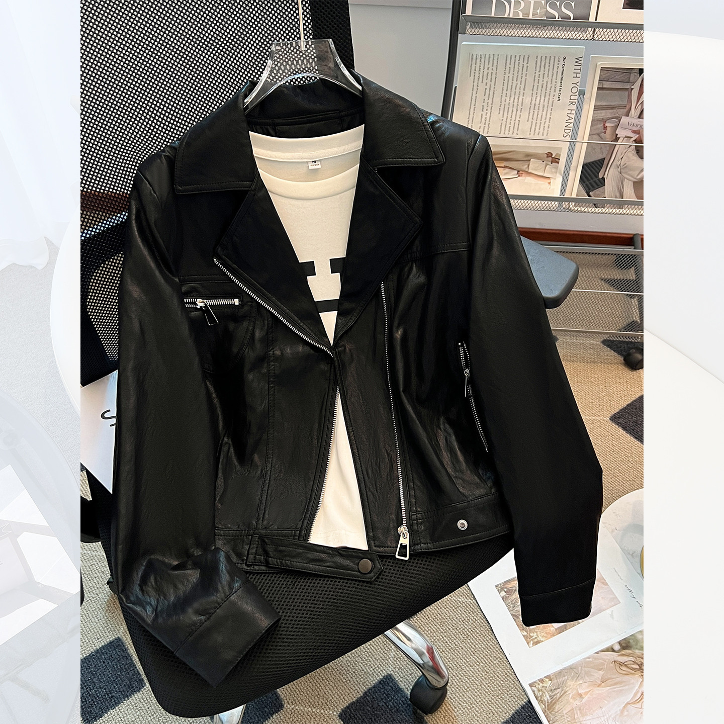 Petite Black Lapel Biker Pu Leather Jacket for Women, Short Style, Early Autumn 2025 New Cool and Stylish Jacket