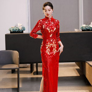 Red Sequined Chinese Dresses for women Oriental Qipao Cheongsam Wedding party Engagement Bride Toasting Dress Retro host singers model Banquet dress