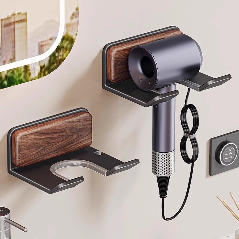 Estante de secador de pelo de nogal, sin perforación, soporte de secador de pelo de baño, soporte de secador de pelo de baño, soporte de pared de almacenamiento
