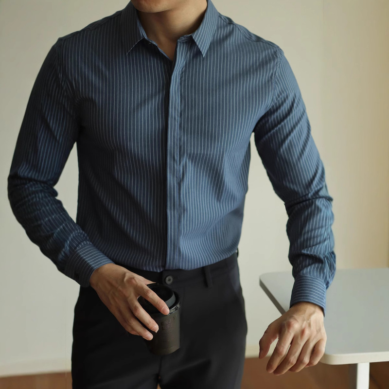 Premium Hidden Placket Striped Men's Light Business Long-Sleeve Shirt 2026 Spring and Autumn New Style Wrinkle-Free Casual Shirt