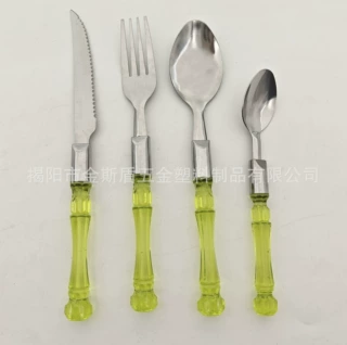厂家定制不锈钢水晶透明塑料柄不锈钢刀叉勺西餐餐具16件套24件套